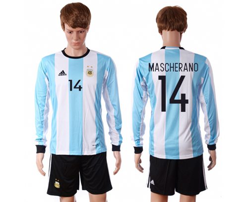 Argentina 14 Mascherano Home Long Sleeves Soccer Country Jersey