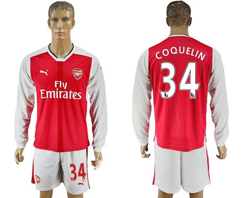 Arsenal 34 Coquelin Red Home Long Sleeves Soccer Club Jersey