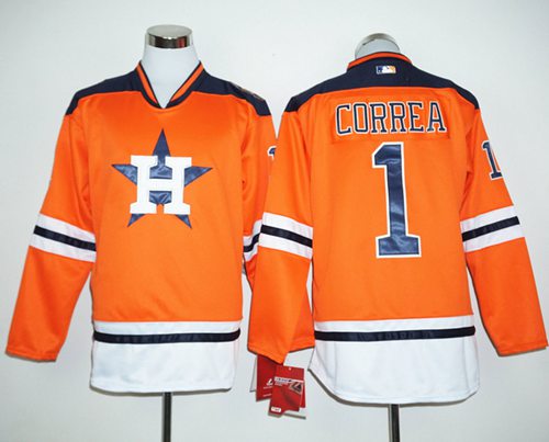 Astros 1 Carlos Correa Orange Long Sleeve Stitched MLB Jersey