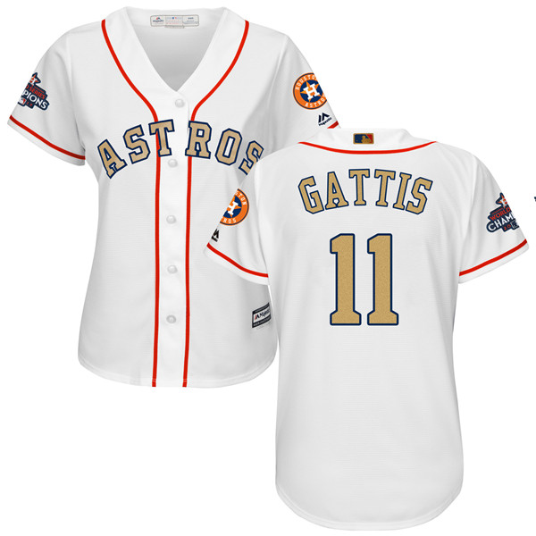 Astros 11 Evan Gattis White Women 2018 Gold Program Cool Base Jersey