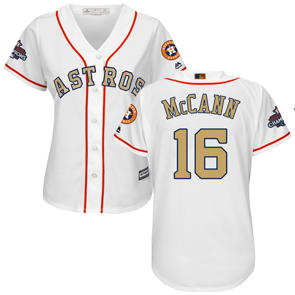 Astros 16 Brian McCann White Women 2018 Gold Program Cool Base Jersey