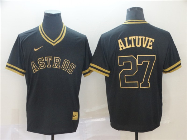 Astros 27 Jose Altuve Black Gold Nike Cooperstown Collection Legend V Neck Jersey