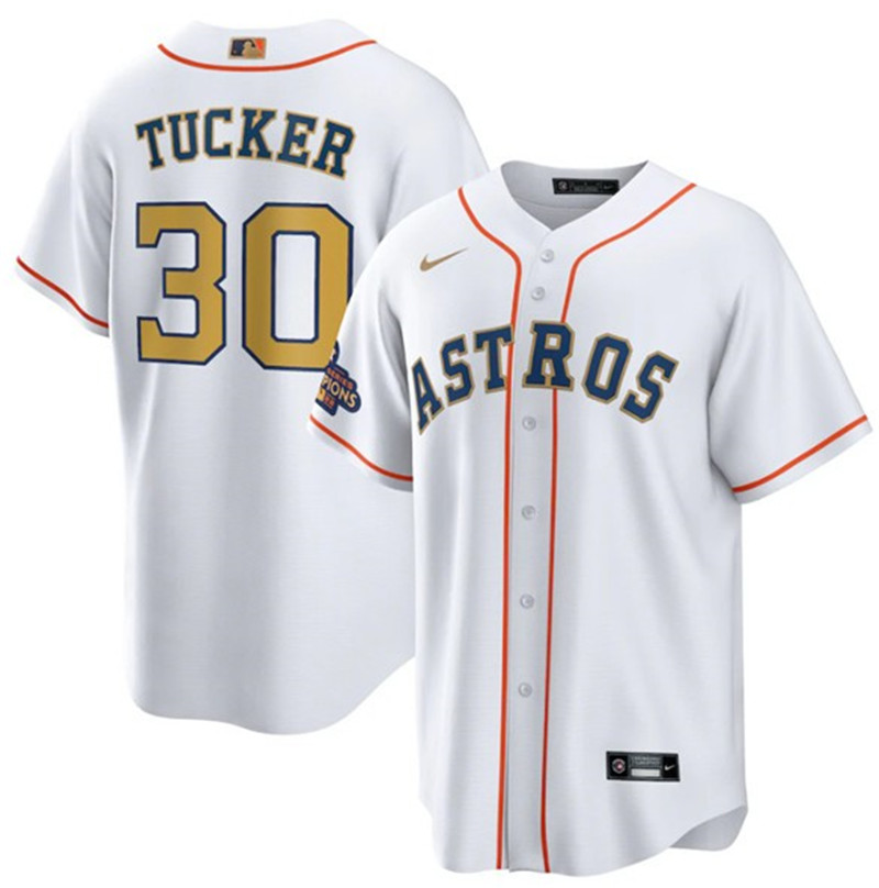 Astros 30 Kyle Tucker White Gold Nike 2023 Gold Collection Cool Base Jersey