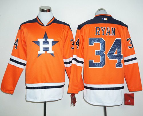 Astros 34 Nolan Ryan Orange Long Sleeve Stitched MLB Jersey