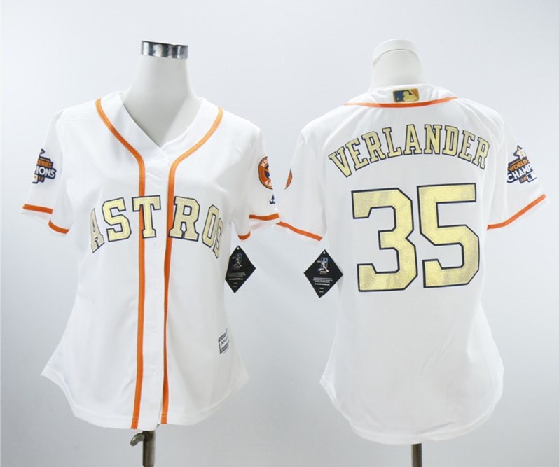 Astros 35 Justin Verlander White Women 2018 Gold Program Cool Base Jersey