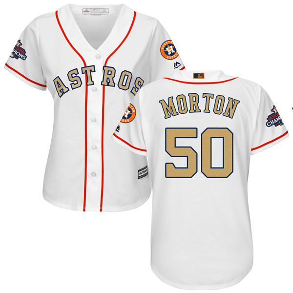 Astros 50 Charlie Morton White Women 2018 Gold Program Cool Base Jersey