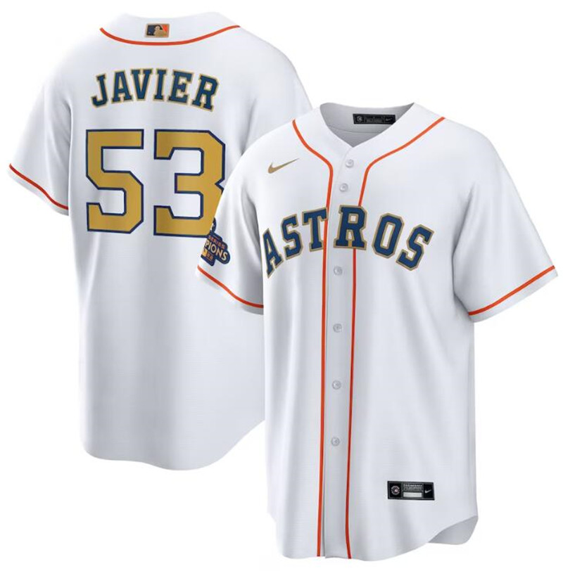Astros 53 Cristian Javier White Gold Nike 2023 Gold Collection Cool Base Jersey