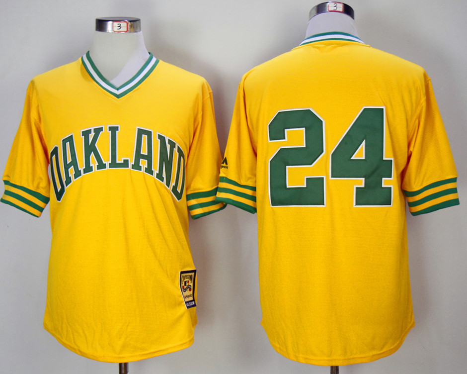 Athletics 24 Rickey Henderson Yellow 1981 Mitchell & Ness Cream Jersey