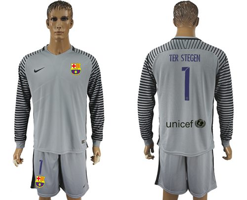 Barcelona 1 Ter Stegen Grey Goalkeeper Long Sleeves Soccer Club Jersey