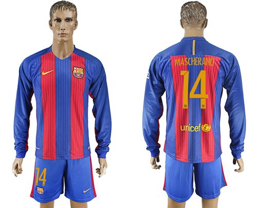Barcelona 14 Mascherano Home Long Sleeves Soccer Club Jersey