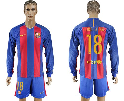 Barcelona 18 Jordi Alba Home Long Sleeves Soccer Club Jersey