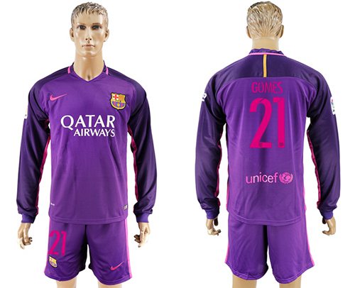 Barcelona 21 Gomes Away Long Sleeves Soccer Club Jersey