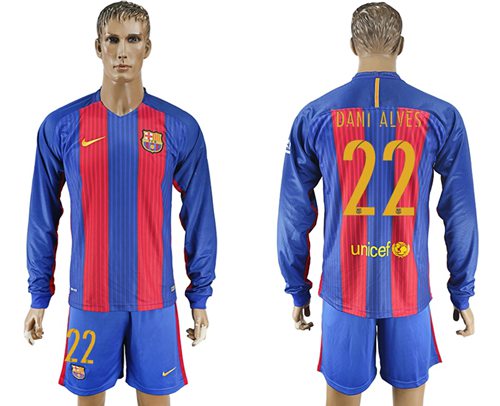 Barcelona 22 Dani Alves Home Long Sleeves Soccer Club Jersey