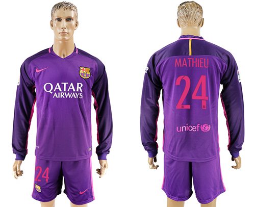 Barcelona 24 Mathieu Away Long Sleeves Soccer Club Jersey