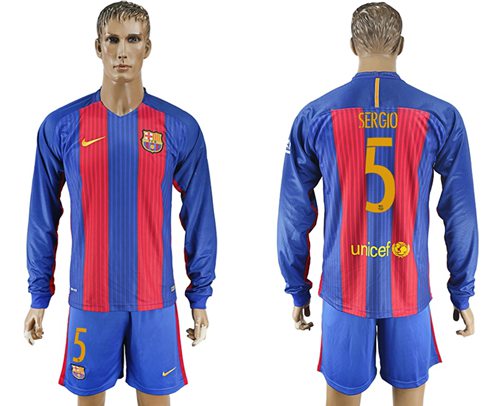 Barcelona 5 Sergio Home Long Sleeves Soccer Club Jersey