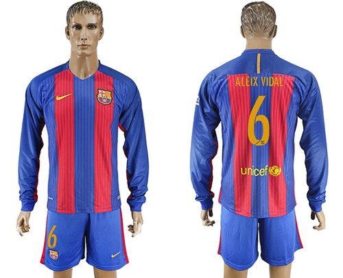 Barcelona 6 Aleix Vidal Home Long Sleeves Soccer Club Jersey