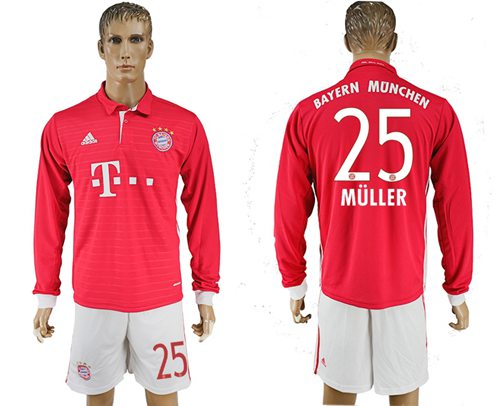 Bayern Munchen 25 Muller Home Long Sleeves Soccer Club Jersey