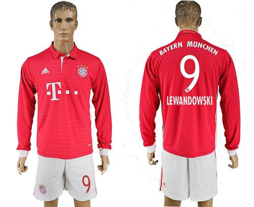 Bayern Munchen 9 Lewandowski Home Long Sleeves Soccer Club Jersey