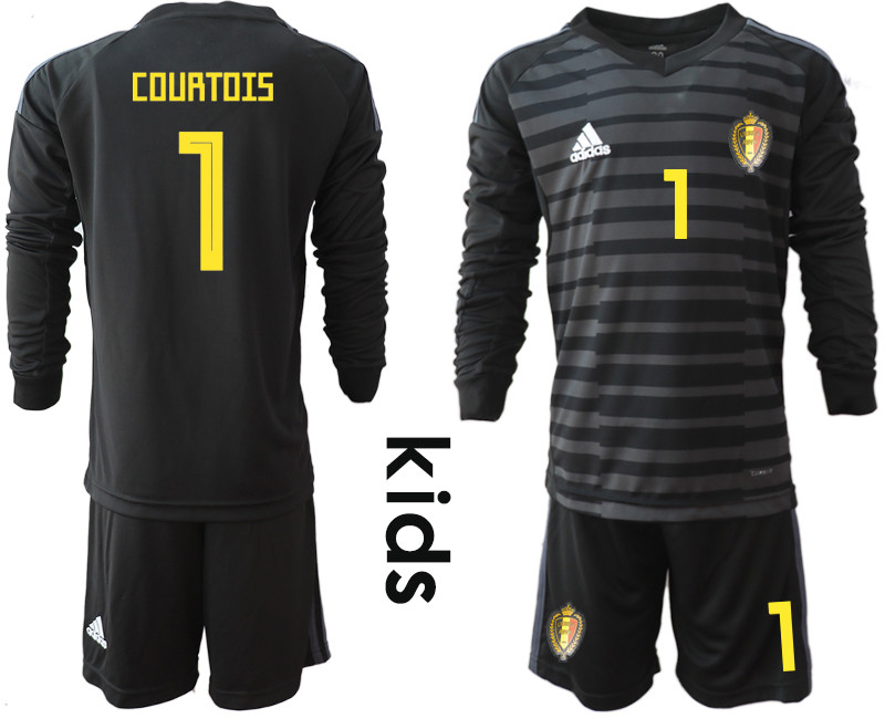 Belgium 1 COURTOIS Black Youth 2018 FIFA World Cup Long Sleeve Goalkeeper Soccer Jersey