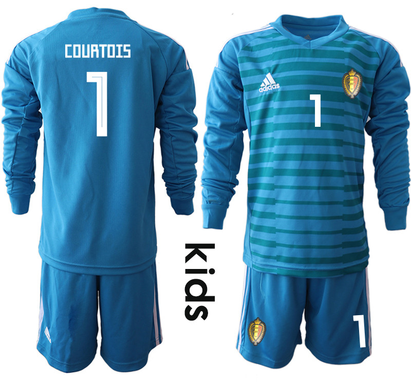 Belgium 1 COURTOIS Blue Youth 2018 FIFA World Cup Long Sleeve Goalkeeper Soccer Jersey