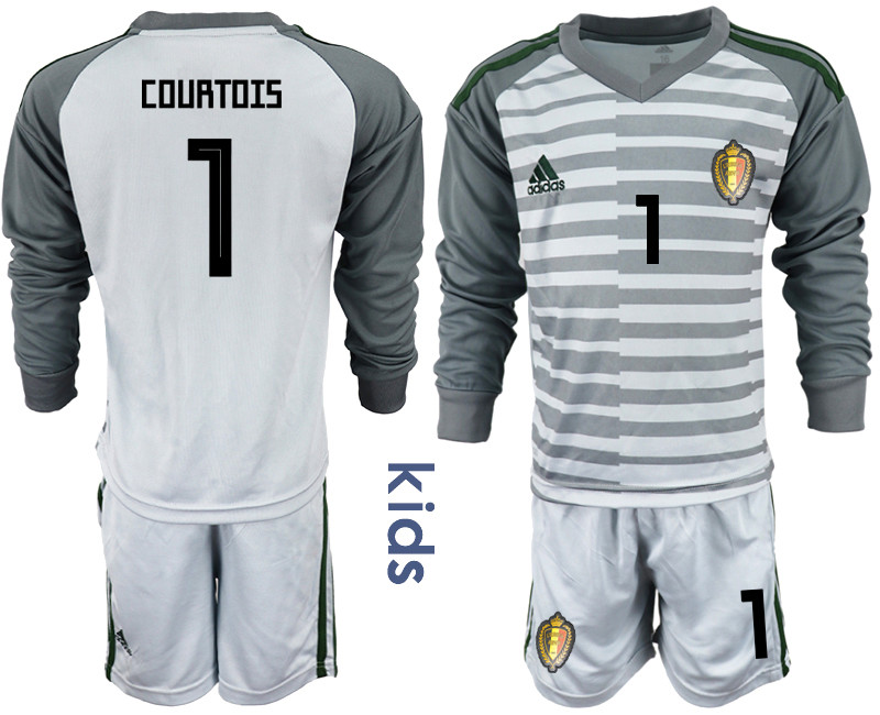 Belgium 1 COURTOIS Gray Youth 2018 FIFA World Cup Long Sleeve Goalkeeper Soccer Jersey