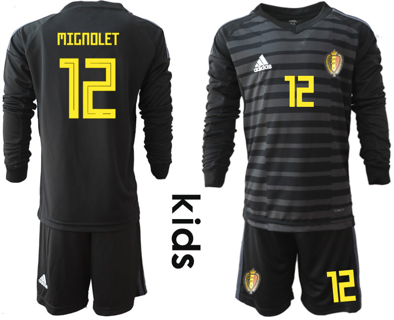 Belgium 12 MIGNOLET Black Youth 2018 FIFA World Cup Long Sleeve Goalkeeper Soccer Jersey