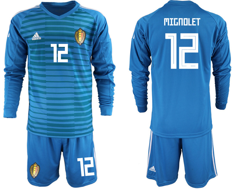 Belgium 12 MIGNOLET Blue 2018 FIFA World Cup Long Sleeve Goalkeeper Soccer Jersey