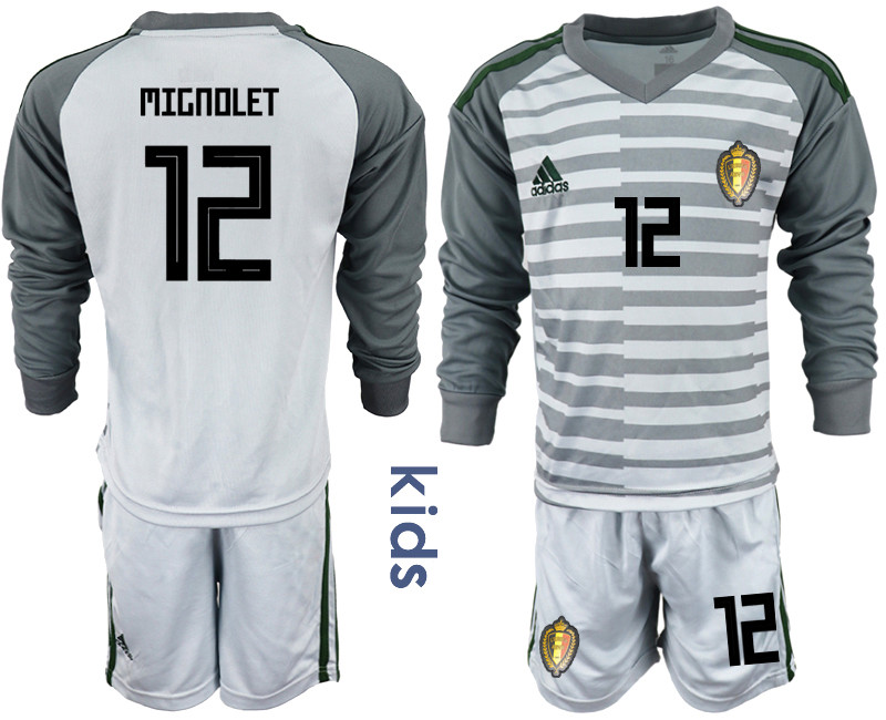 Belgium 12 MIGNOLET Gray Youth 2018 FIFA World Cup Long Sleeve Goalkeeper Soccer Jersey