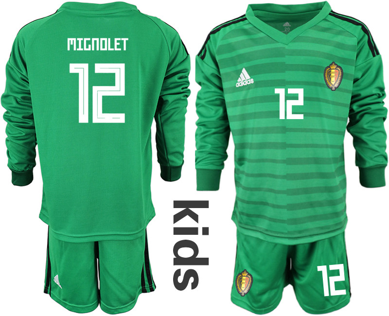 Belgium 12 MIGNOLET Green Youth 2018 FIFA World Cup Long Sleeve Goalkeeper Soccer Jersey