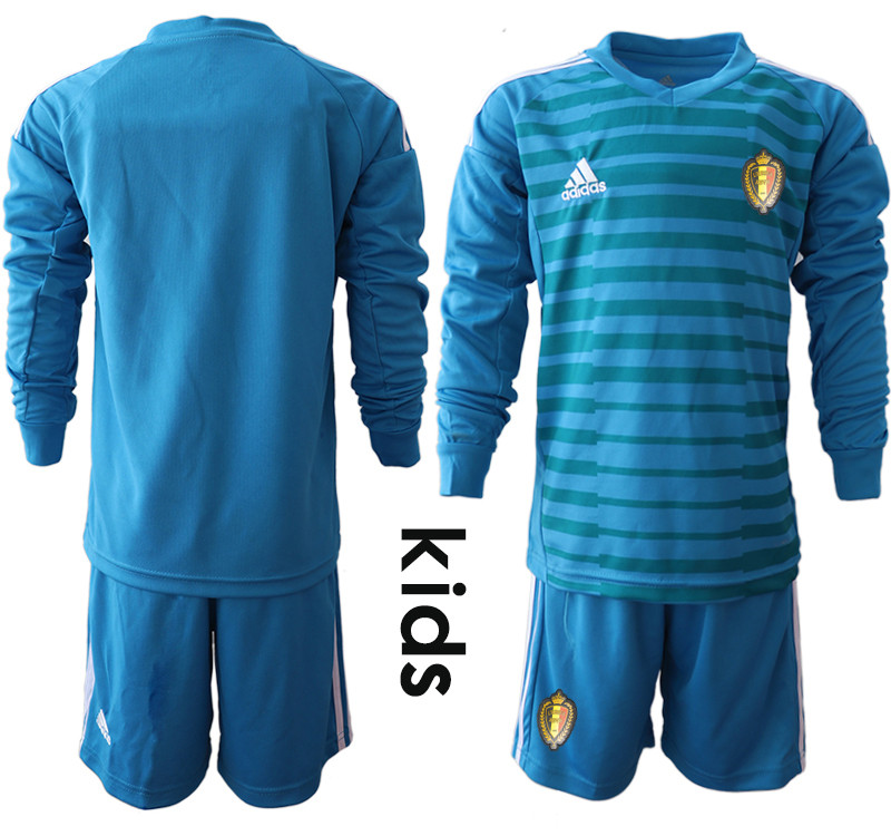 Belgium Blue Youth 2018 FIFA World Cup Long Sleeve Goalkeeper Soccer Jersey