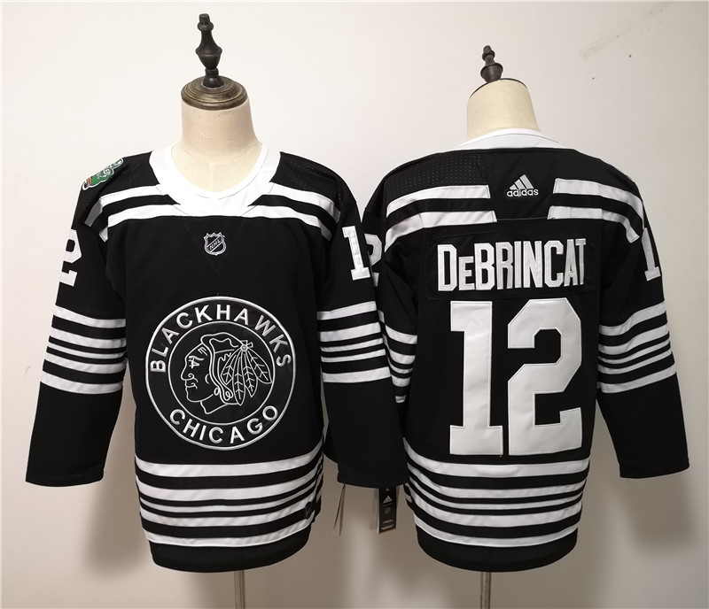 Blackhawks 12 Alex DeBrincat Black 2019 Winter Classic  Jersey