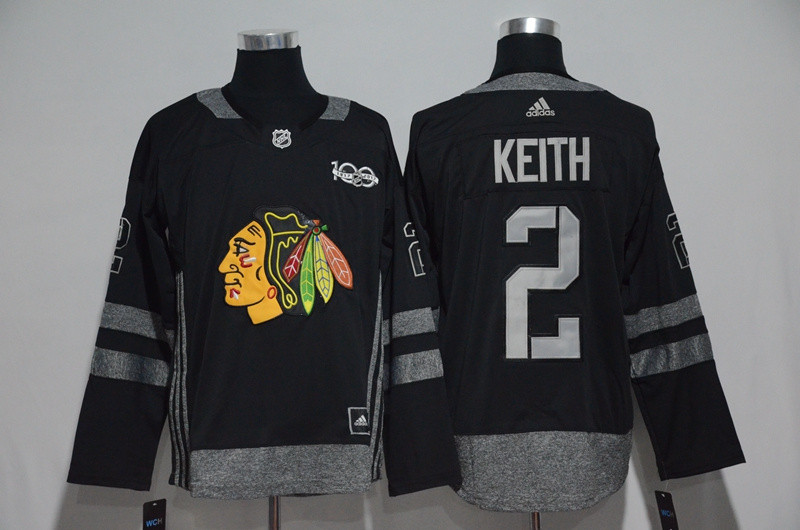 Blackhawks 2 Duncan Keith Black 100th Anniversary Season Jersey