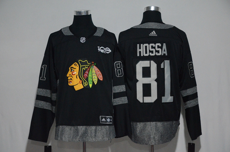 Blackhawks 81 Marian Hossa Black 100th Anniversary Season Jersey