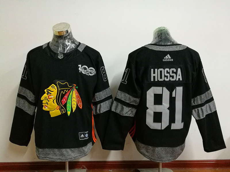 Blackhawks 81 Marian Hossa Black 1917-2017 100th Anniversary Stitched NHL Jersey