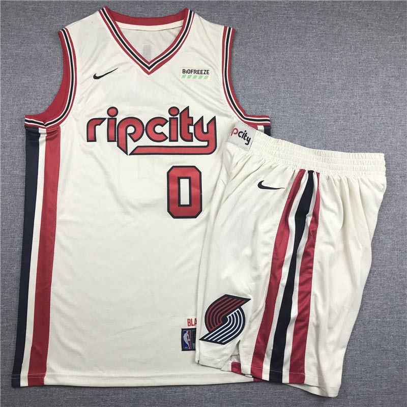 Blazers 0 Damian Lillard Cream 2019 20 Nike Swingman Jersey Whith Shorts