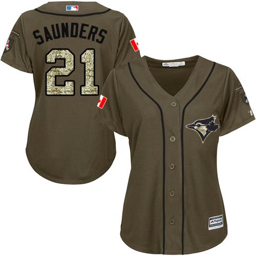 Blue Jays 21 Michael Saunders Green Salute to Service Women Stitched MLB Jersey