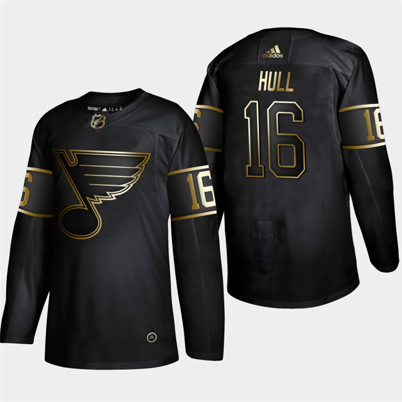 Blues 16 Brett Hull Black Gold Adidas Jersey