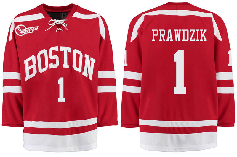 Boston University Terriers BU 1 Max Prawdzik Red Stitched Hockey Jersey