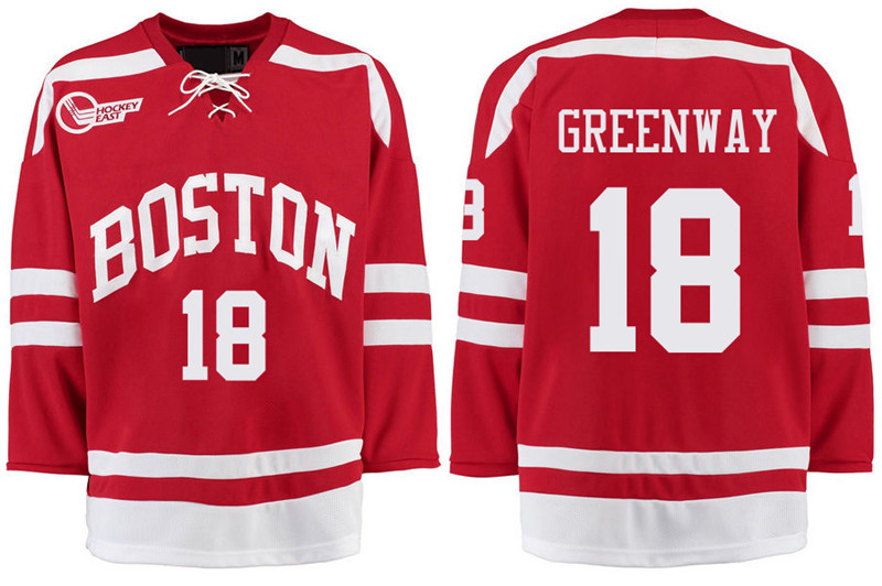 Boston University Terriers BU 18 Jordan Greenway Red Stitched Hockey Jersey