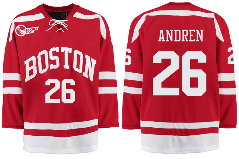 Boston University Terriers BU 26 Oskar Andren Red Stitched Hockey Jersey