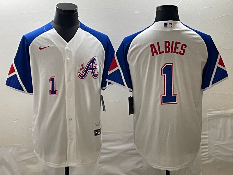 Braves 1 Ozzie Albies White Nike 2023 City Connect Cool Base Jersey