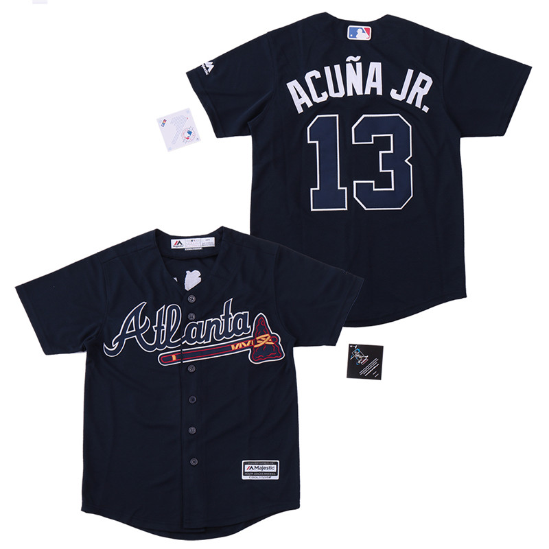 Braves 13 Ronald Acuna Jr. Navy Youth Cool Base Jersey