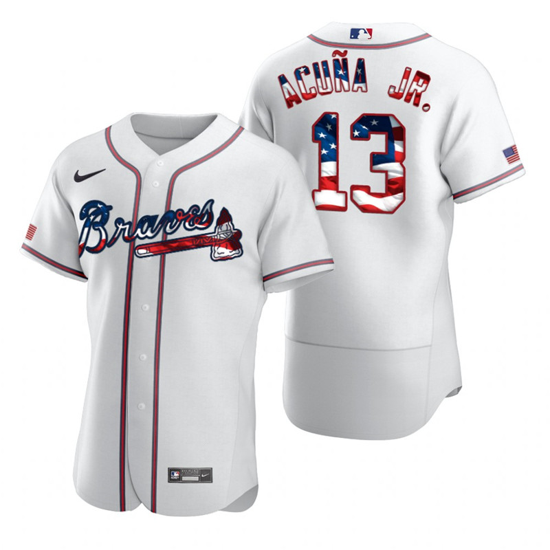 Braves 13 Ronald Acuna Jr. White USA Flag Fashion Nike Cool Base Jersey