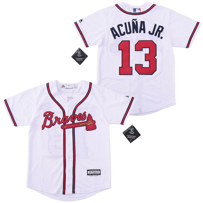 Braves 13 Ronald Acuna Jr. White Youth Cool Base Jersey