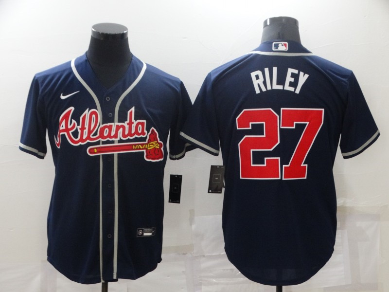 Braves 27 Austin Riley Navy Nike Cool Base Jersey