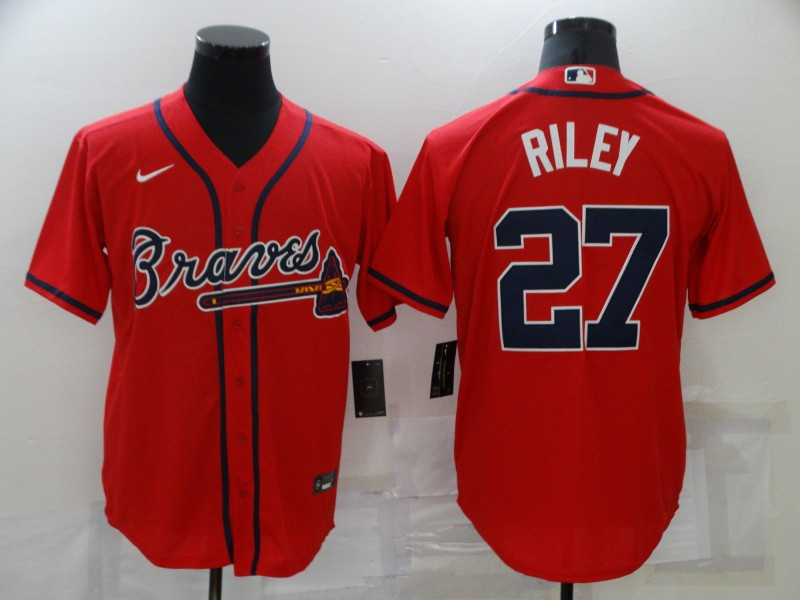 Braves 27 Austin Riley Red Nike Cool Base Jersey