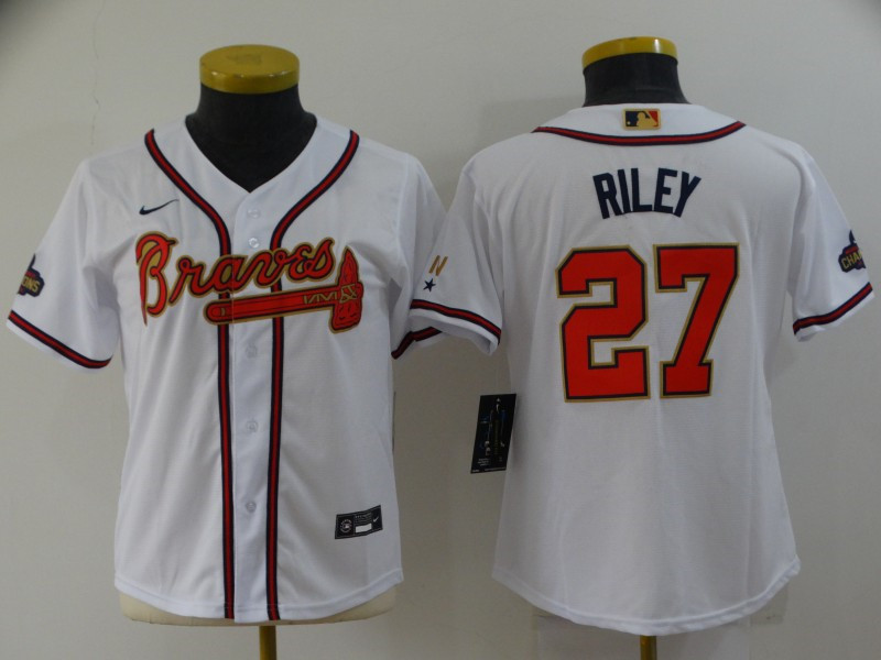 Braves 27 Austin Riley White Women 2022 Gold Program Nike Cool Base Jersey