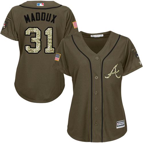 Braves 31 Greg Maddux Green Salute to Service Women Stitched MLB Jersey