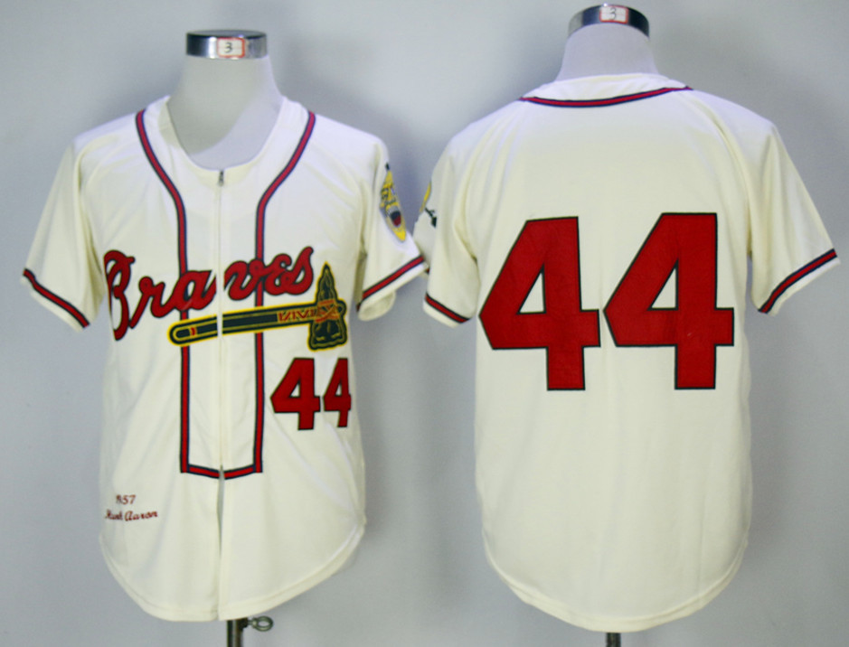 Braves 44 Hank Aaron Cream 1957 Mitchell & Ness Cream Jersey