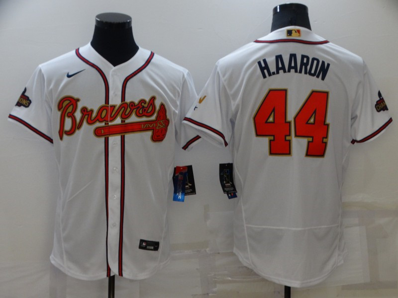 Braves 44 Hank Aaron White 2022 Gold Program Nike Flexbase Jersey